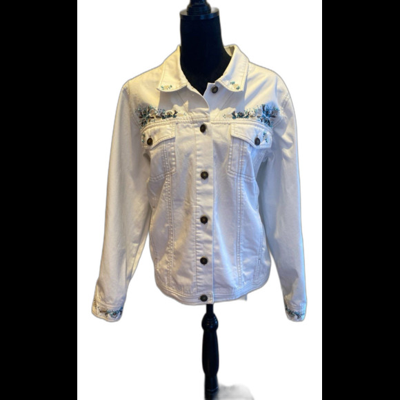 Denim & Co Jean Jacket Womens White Plus Size XL Western Beadwork Pockets - Picture 1 of 12